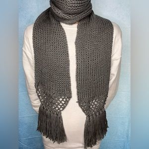 UNISEX Handmade Gray Crochet Knitted Scarf with Fringe; Multiple Sizes